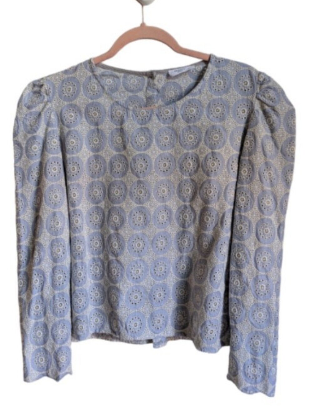 NAVY French Light Blue Eyelet Lace Long Puff Sleeve Top Blouse Size Medium